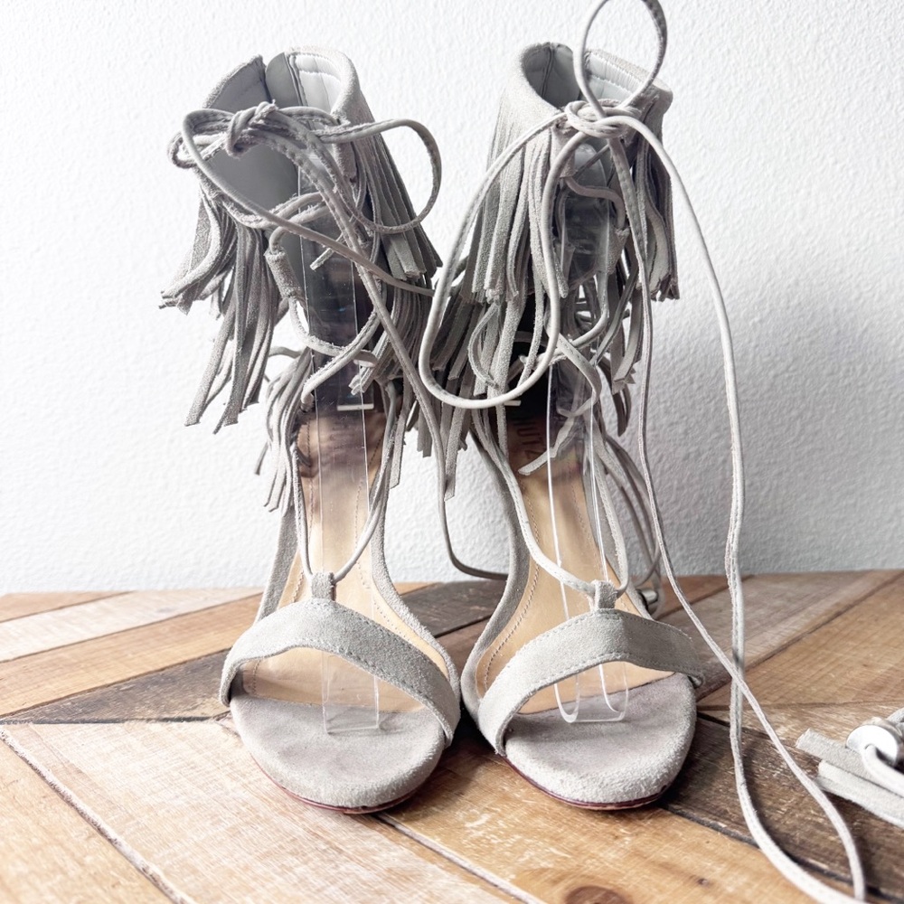 Shultz kagi Fringed Gray/Beige Lace Up Heels - Picture 7 of 16
